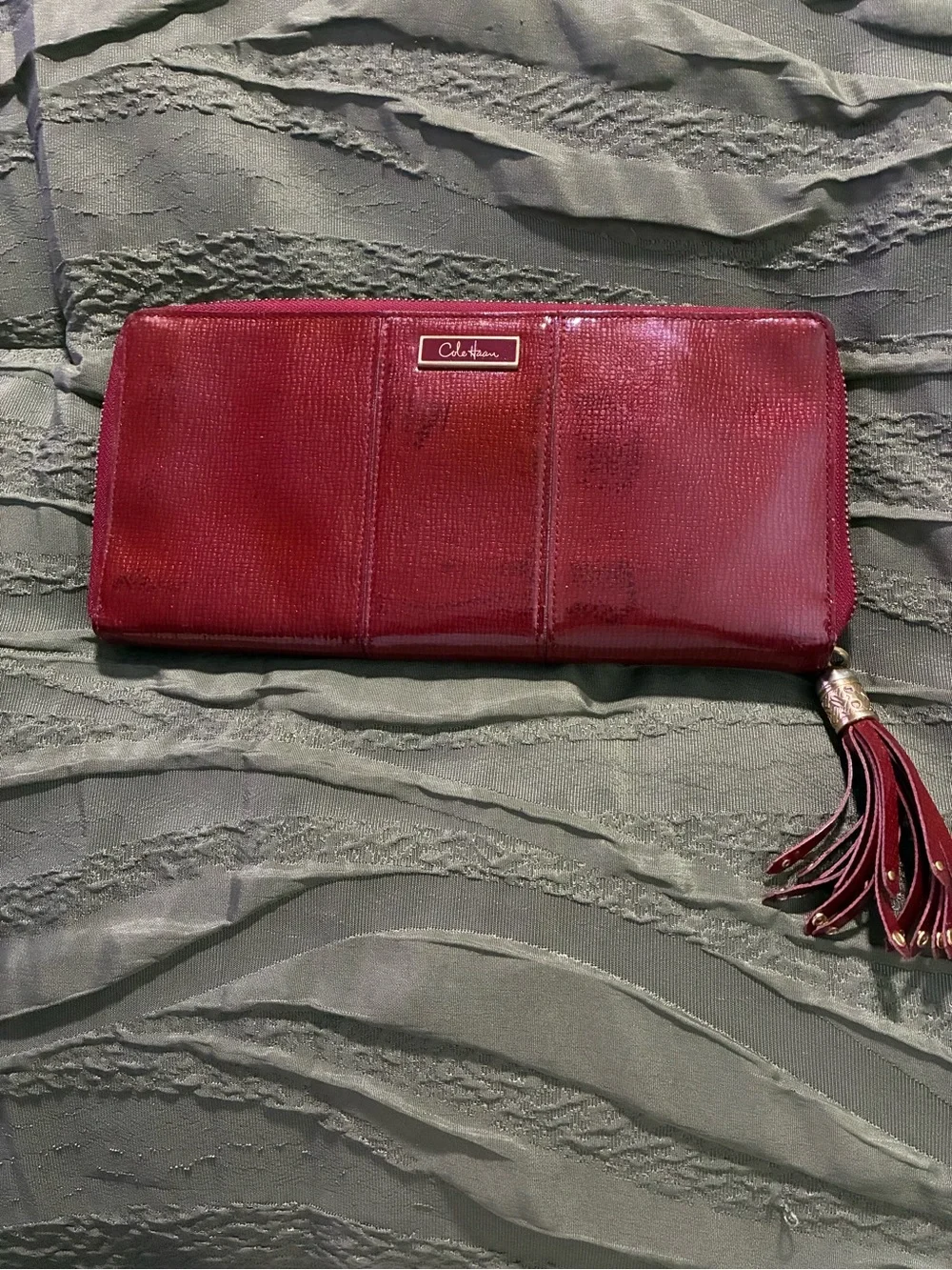 Cole Haan Red Leather Zip Wallet with Tassel